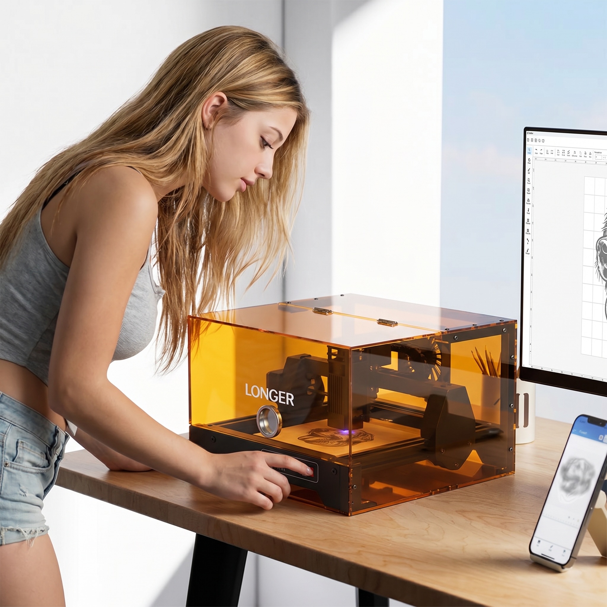 LONGER Ray5 MiniS 5,5W Zárt Lézergravírozó, 1. Osztályú Biztonsági Védelem, 0,08 mm Pontosság, 12000 mm/perc Sebesség, 130×120 mm Munkaterület, 8 mm Vágási Mélység, WiFi/USB/Alkalmazás Vezérlés, Kompatibilis Fával/akril/ Bőr/Fém/Kerámia