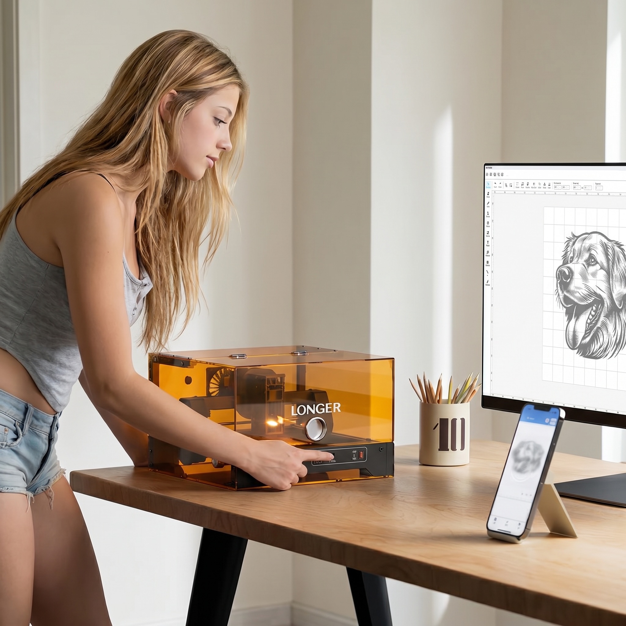 LONGER Ray5 MiniS 2.5W Zárt Lézergravírozó, 0,04 mm Pontosság, 12000 mm/perc Sebesség, 130×140 mm Munkaterület, 1. Osztályú Biztonsági Védelem, WiFi/USB/App Vezérlés, Kompatibilis Fa/Akril/Bőr/Fém/Kerámia Anyagokkal